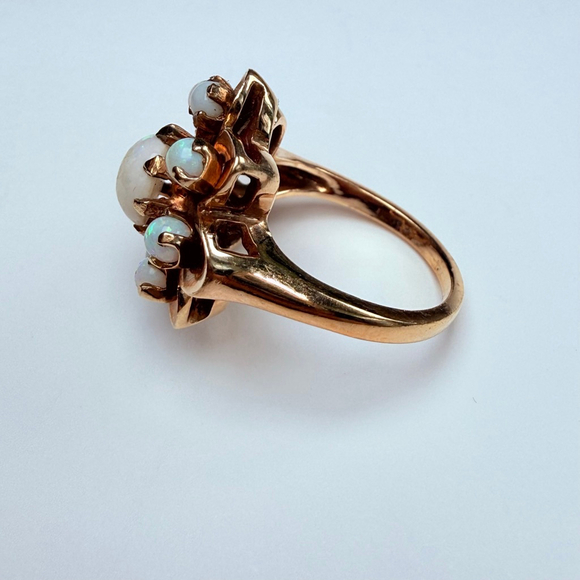 Estate 14K Solid Yellow Gold Australian Opal Vintage Atomic Retro Cocktail Ring - Picture 8 of 12